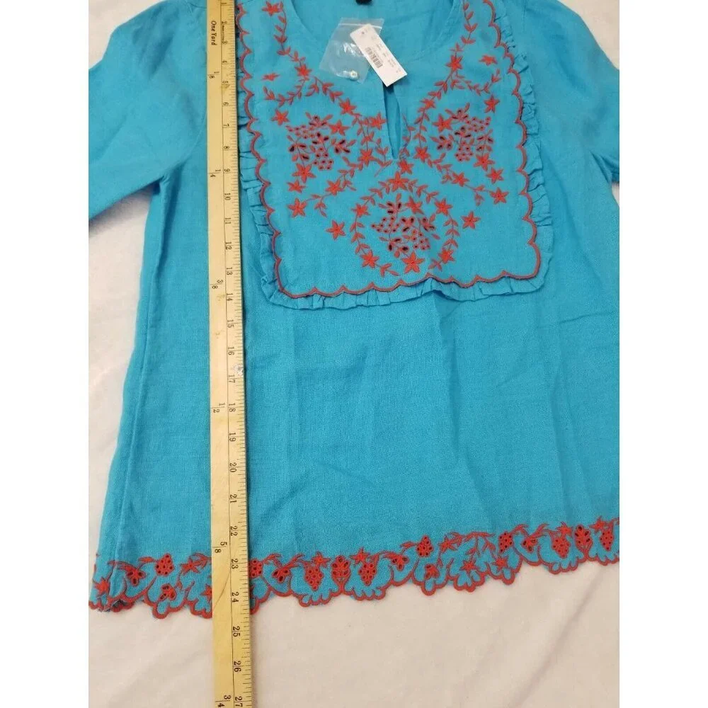 J. Crew Women's Size S Tunic Blouse Top Blue Embroidered Linen Relaxed Fit 30